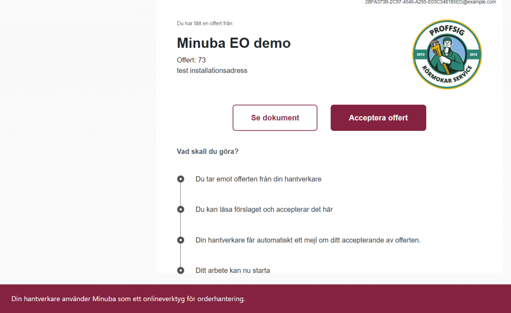 Bild som visar hur det ser ut när du accepterar en offert online via Minuba