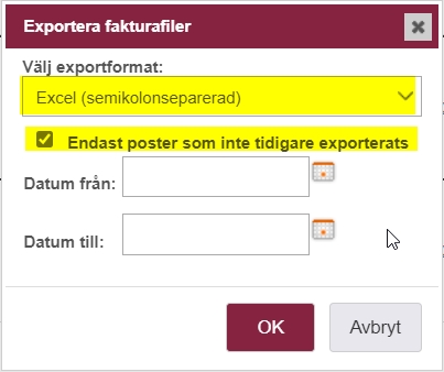 Välj exportformat Excel