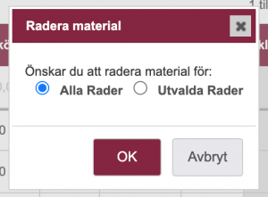 Bild visar popup-fönster för att radera alla materialrader i Minuba