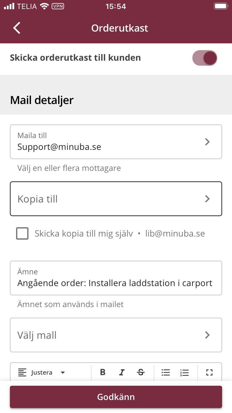 bild visar hur du skickar en orderbekräftelse till kund i Minubas app