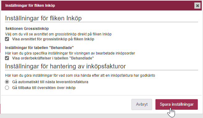 inställningar fliken inköp