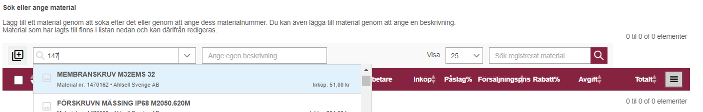 lägg till material arbetskort